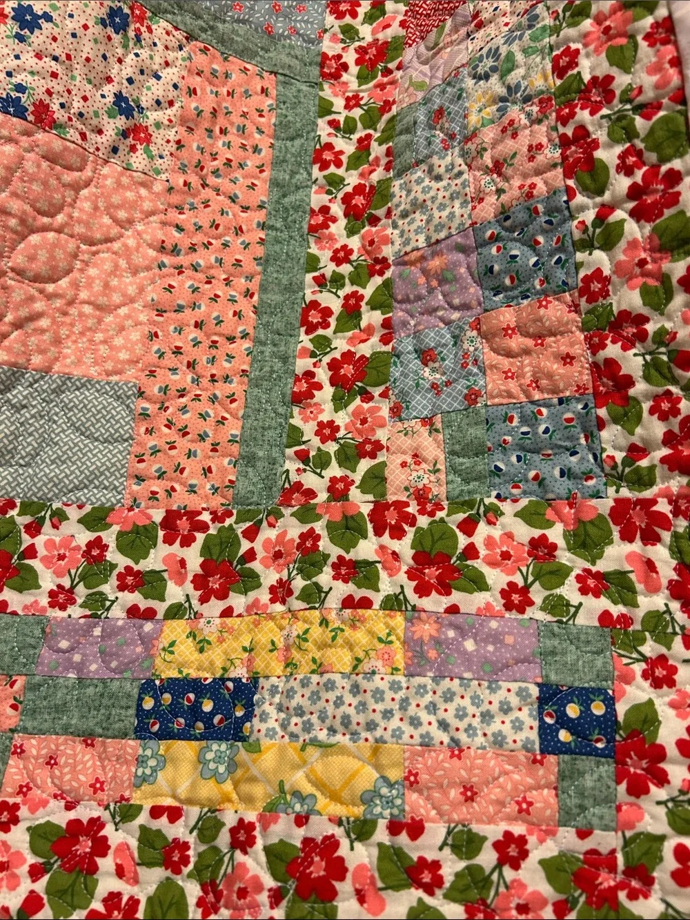 ONE OF A KIND- HANDCRAFTED Floral Quilt in Pastel Multicolor